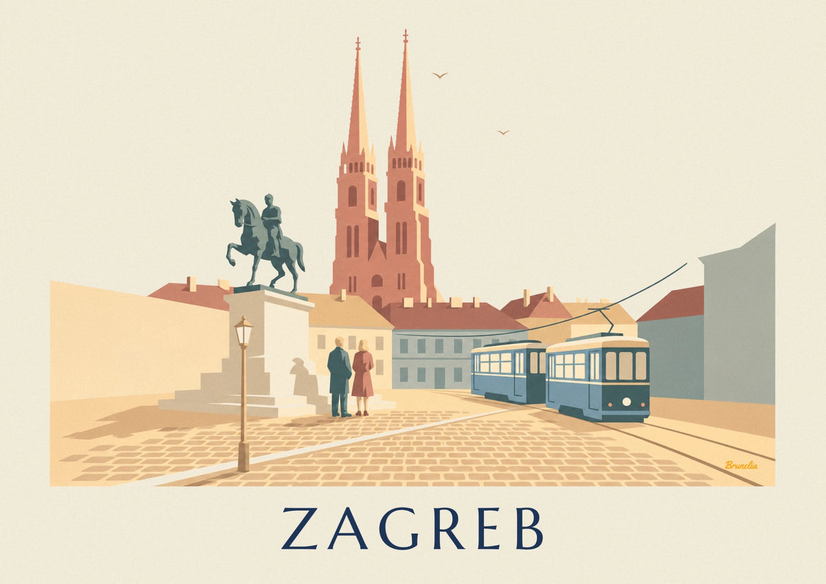 Affiche tramway bleu sur la place Ban-Jelačić à Zagreb